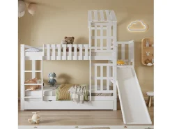 Beliche infantil tipo cabine, branco, 90x200cm, com gaveta, escorrega e escada, pinho + MDF, sem colchão