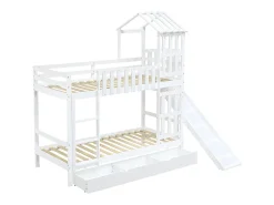Beliche infantil tipo cabine, branco, 90x200cm, com gaveta, escorrega e escada, pinho + MDF, sem colchão