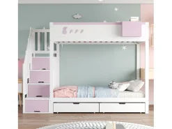 Beliche infantil 90x200 cm - baú de armazenamento removível - escada de segurança - com 2 gavetas - branco + rosa