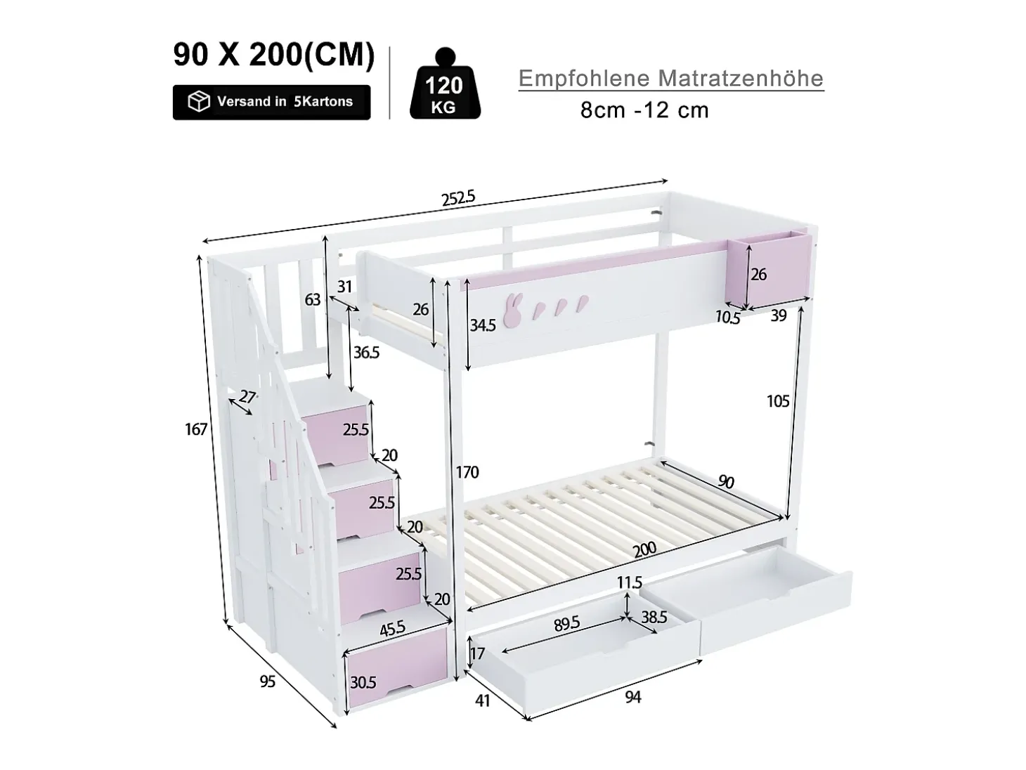 Beliche infantil 90x200 cm - baú de armazenamento removível - escada de segurança - com 2 gavetas - branco + rosa