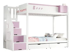 Beliche infantil 90x200 cm - baú de armazenamento removível - escada de segurança - com 2 gavetas - branco + rosa