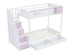 Beliche infantil 90x200 cm - baú de armazenamento removível - escada de segurança - com 2 gavetas - branco + rosa