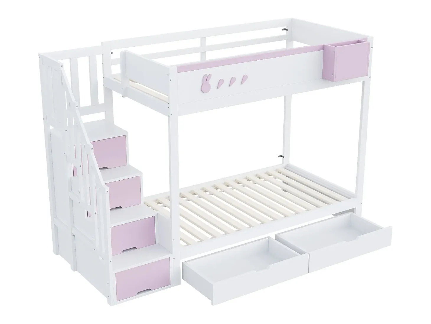 Beliche infantil 90x200 cm - baú de armazenamento removível - escada de segurança - com 2 gavetas - branco + rosa