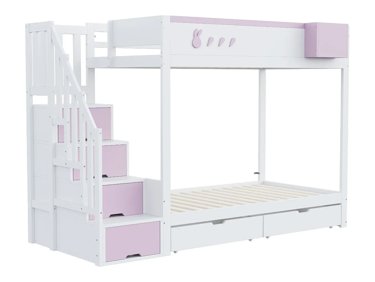 Beliche infantil 90x200 cm - baú de armazenamento removível - escada de segurança - com 2 gavetas - branco + rosa