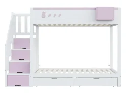 Beliche infantil 90x200 cm - baú de armazenamento removível - escada de segurança - com 2 gavetas - branco + rosa
