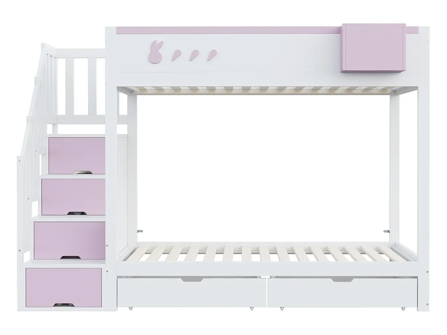 Beliche infantil 90x200 cm - baú de armazenamento removível - escada de segurança - com 2 gavetas - branco + rosa