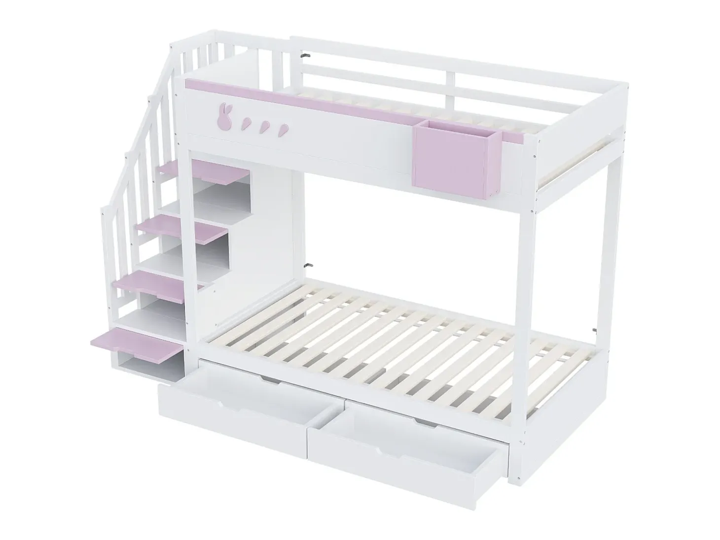 Beliche infantil 90x200 cm - baú de armazenamento removível - escada de segurança - com 2 gavetas - branco + rosa