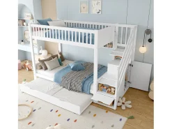 Beliche infantil 90x200 cm - com cama articulada - com prateleiras + guarda-roupa - com compartimentos de arrumação - branco