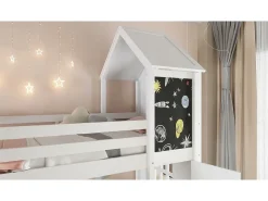 Beliche infantil 90x200cm - Com 1 porta e quadro negro - Com escada - Madeira maciça + MDF + PB + Compensado - Branco (sem colchão)