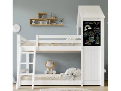 Beliche infantil 90x200cm - Com 1 porta e quadro negro - Com escada - Madeira maciça + MDF + PB + Compensado - Branco (sem colchão)