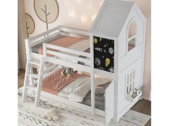 Beliche infantil 90x200cm - Com 1 porta e quadro negro - Com escada - Madeira maciça + MDF + PB + Compensado - Branco (sem colchão)
