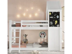 Beliche infantil 90x200cm - Com 1 porta e quadro negro - Com escada - Madeira maciça + MDF + PB + Compensado - Branco (sem colchão)