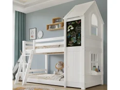 Beliche infantil 90x200cm - Com 1 porta e quadro negro - Com escada - Madeira maciça + MDF + PB + Compensado - Branco (sem colchão)
