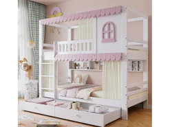 Beliche infantil 90x200cm com 2 gavetas, prateleiras e grade de segurança, pinho + MDF, branco + rosa