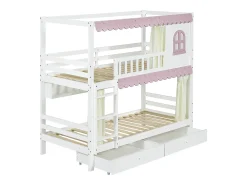 Beliche infantil 90x200cm com 2 gavetas, prateleiras e grade de segurança, pinho + MDF, branco + rosa