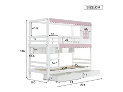 Beliche infantil 90x200cm com 2 gavetas, prateleiras e grade de segurança, pinho + MDF, branco + rosa
