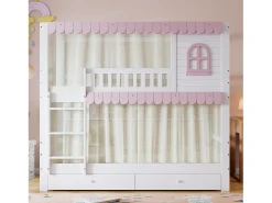Beliche infantil 90x200cm com 2 gavetas, prateleiras e grade de segurança, pinho + MDF, branco + rosa