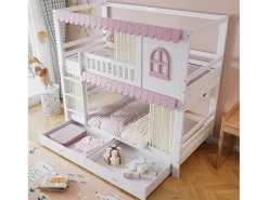 Beliche infantil 90x200cm com 2 gavetas, prateleiras e grade de segurança, pinho + MDF, branco + rosa