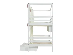 Beliche infantil 90x200cm com 2 gavetas, prateleiras e grade de segurança, pinho + MDF, branco + rosa