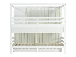 Beliche infantil 90x200cm com 2 gavetas, prateleiras e grade de segurança, pinho + MDF, branco + rosa