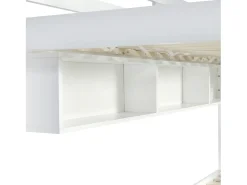 Beliche infantil 90x200cm com 2 gavetas, prateleiras e grade de segurança, pinho + MDF, branco + rosa