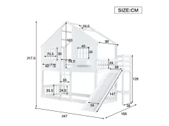 Beliche para crianças 90x200 cm, com escorrega para crianças, teto e janela, porta de segurança, escada de três degraus, pinho + MDF, branco
