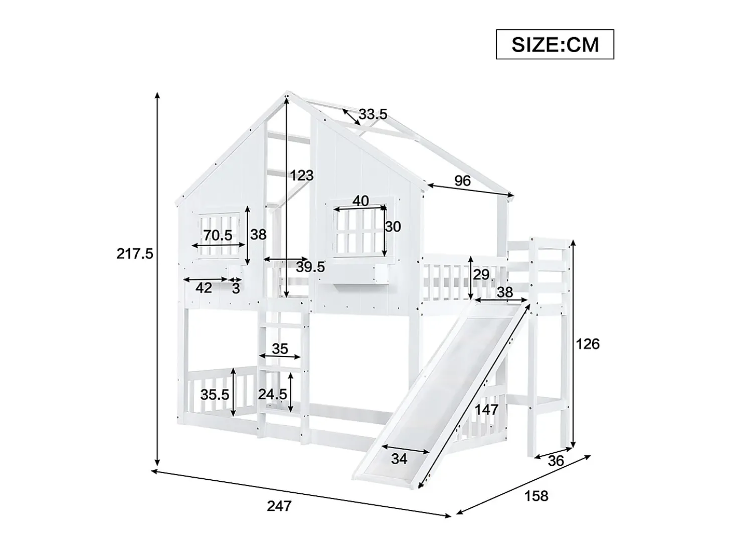 Beliche para crianças 90x200 cm, com escorrega para crianças, teto e janela, porta de segurança, escada de três degraus, pinho + MDF, branco