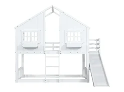 Beliche para crianças 90x200 cm, com escorrega para crianças, teto e janela, porta de segurança, escada de três degraus, pinho + MDF, branco