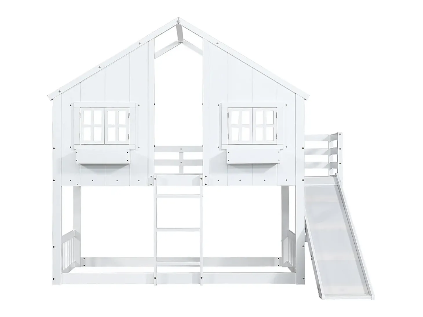 Beliche para crianças 90x200 cm, com escorrega para crianças, teto e janela, porta de segurança, escada de três degraus, pinho + MDF, branco