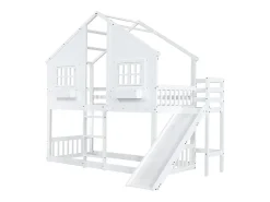 Beliche para crianças 90x200 cm, com escorrega para crianças, teto e janela, porta de segurança, escada de três degraus, pinho + MDF, branco