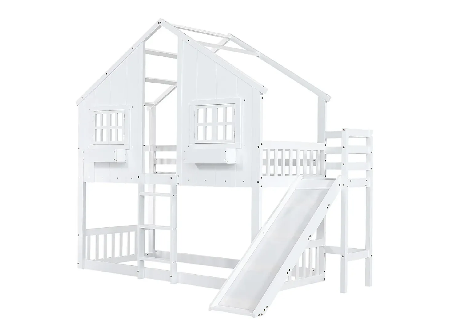 Beliche para crianças 90x200 cm, com escorrega para crianças, teto e janela, porta de segurança, escada de três degraus, pinho + MDF, branco