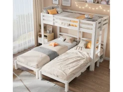 Beliche Triplo - 3 x 90 x 200 cm - com Escada Lateral para Crianças e Adolescentes - Madeira - Branco