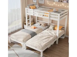 Beliche Triplo - 3 x 90 x 200 cm - com Escada Lateral para Crianças e Adolescentes - Madeira - Branco