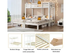 Beliche Triplo - 3 x 90 x 200 cm - com Escada Lateral para Crianças e Adolescentes - Madeira - Branco