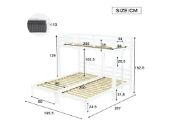 Beliche Triplo - 3 x 90 x 200 cm - com Escada Lateral para Crianças e Adolescentes - Madeira - Branco