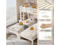 Beliche Triplo - 3 x 90 x 200 cm - com Escada Lateral para Crianças e Adolescentes - Madeira - Branco