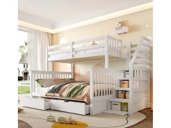 Beliche 90x200 + 140x200 cm - com 2 gavetas - escada com armazenamento e barras de segurança - Branco (colchão não incluído)