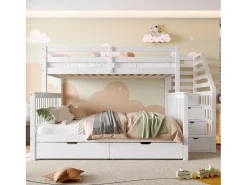 Beliche 90x200 + 140x200 cm - com 2 gavetas - escada com armazenamento e barras de segurança - Branco (colchão não incluído)