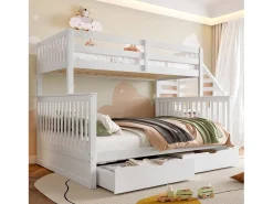 Beliche 90x200 + 140x200 cm - com 2 gavetas - escada com armazenamento e barras de segurança - Branco (colchão não incluído)