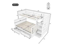 Beliche 90x200 + 140x200 cm - com 2 gavetas - escada com armazenamento e barras de segurança - Branco (colchão não incluído)