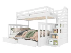 Beliche 90x200 + 140x200 cm - com 2 gavetas - escada com armazenamento e barras de segurança - Branco (colchão não incluído)