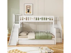 Beliche 90x200 + 140x200 cm - madeira maciça - com escorrega, prateleira e cama de gavetão 90x190 cm - Branco