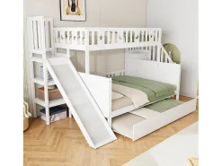 Beliche 90x200 + 140x200 cm - madeira maciça - com escorrega, prateleira e cama de gavetão 90x190 cm - Branco
