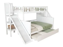Beliche 90x200 + 140x200 cm - madeira maciça - com escorrega, prateleira e cama de gavetão 90x190 cm - Branco