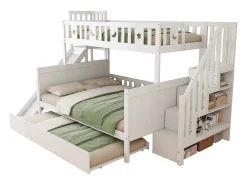 Beliche 90x200 + 140x200 cm - madeira maciça - com escorrega, prateleira e cama de gavetão 90x190 cm - Branco