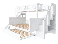 Beliche 90x200 + 140x200 cm - madeira maciça - com escorrega, prateleira e cama de gavetão 90x190 cm - Branco