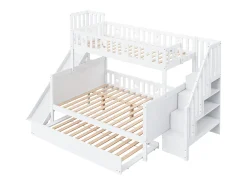 Beliche 90x200 + 140x200 cm - madeira maciça - com escorrega, prateleira e cama de gavetão 90x190 cm - Branco