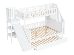 Beliche 90x200 + 140x200 cm - madeira maciça - com escorrega, prateleira e cama de gavetão 90x190 cm - Branco