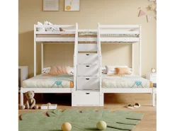 Beliche 90x200 cm - 3 lugares - escada com armazenamento - com 4 gavetas - com grade de proteção - branco