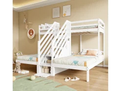 Beliche 90x200 cm - 3 lugares - escada com armazenamento - com 4 gavetas - com grade de proteção - branco